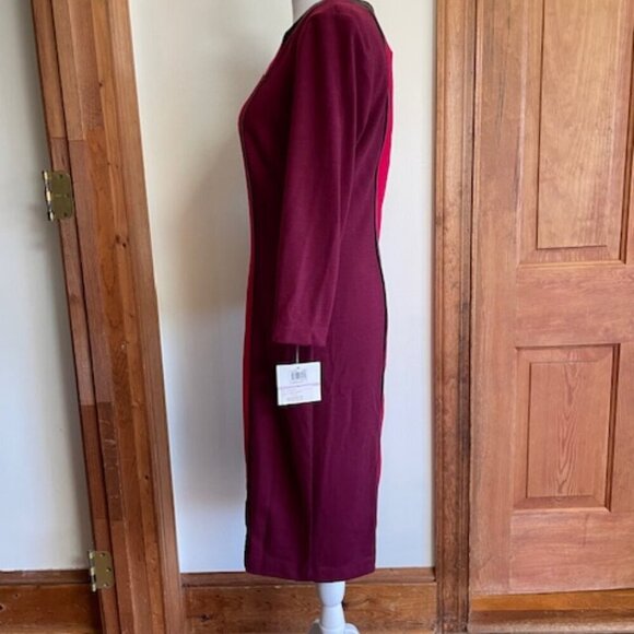 DONNA MORGAN Colorblock Shift Bordeaux Long Sleeve Faux Leather Trim Dre… - Picture 11 of 16